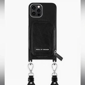 IDEAL OF SWEDEN BLACK FAUX LEATHER NECKLACE/ CROSSBODY IPHONE 12/12 PRO CASE